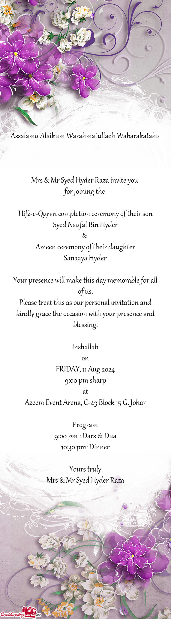 Mrs & Mr Syed Hyder Raza invite you