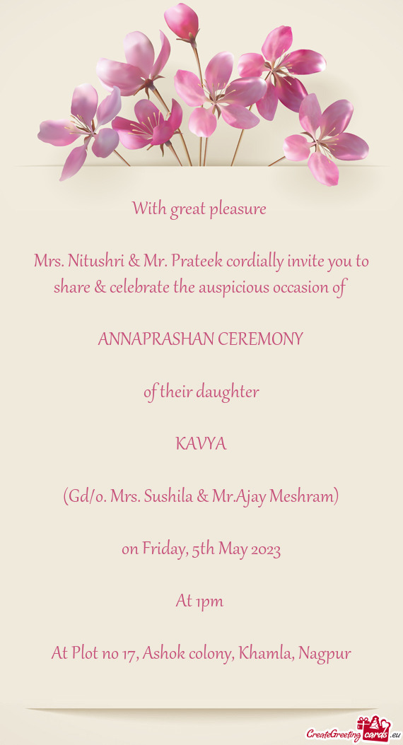 Mrs. Nitushri & Mr. Prateek cordially invite you to share & celebrate the auspicious occasion of