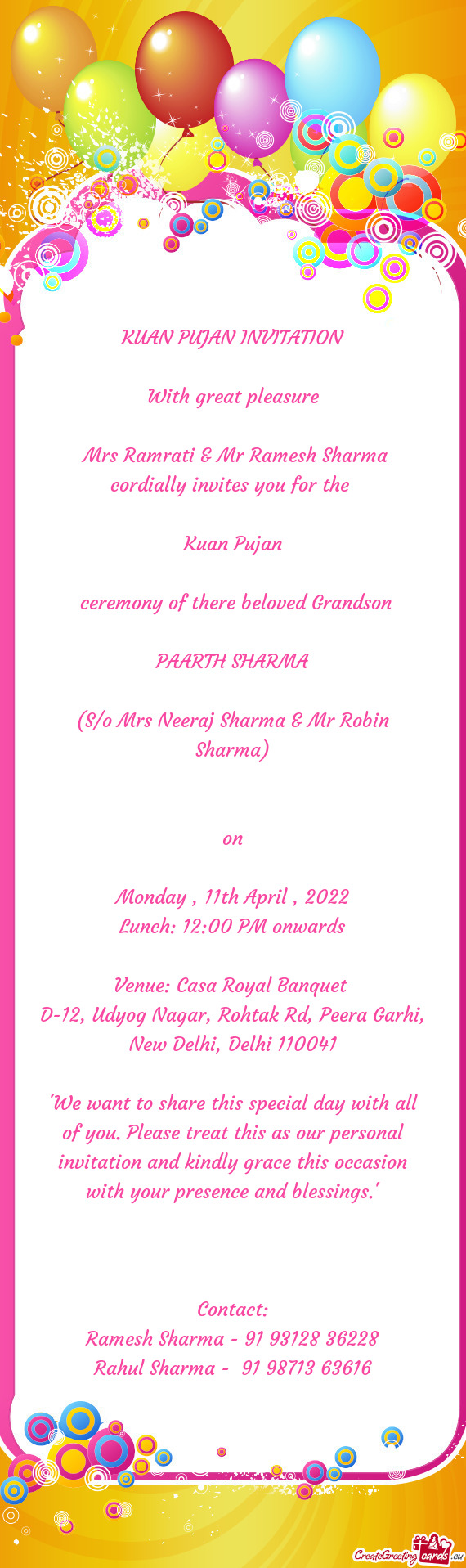 Mrs Ramrati & Mr Ramesh Sharma cordially invites you for the