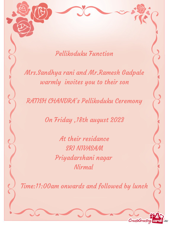 Mrs.Sandhya rani and Mr.Ramesh Gadpale warmly invites you to their son