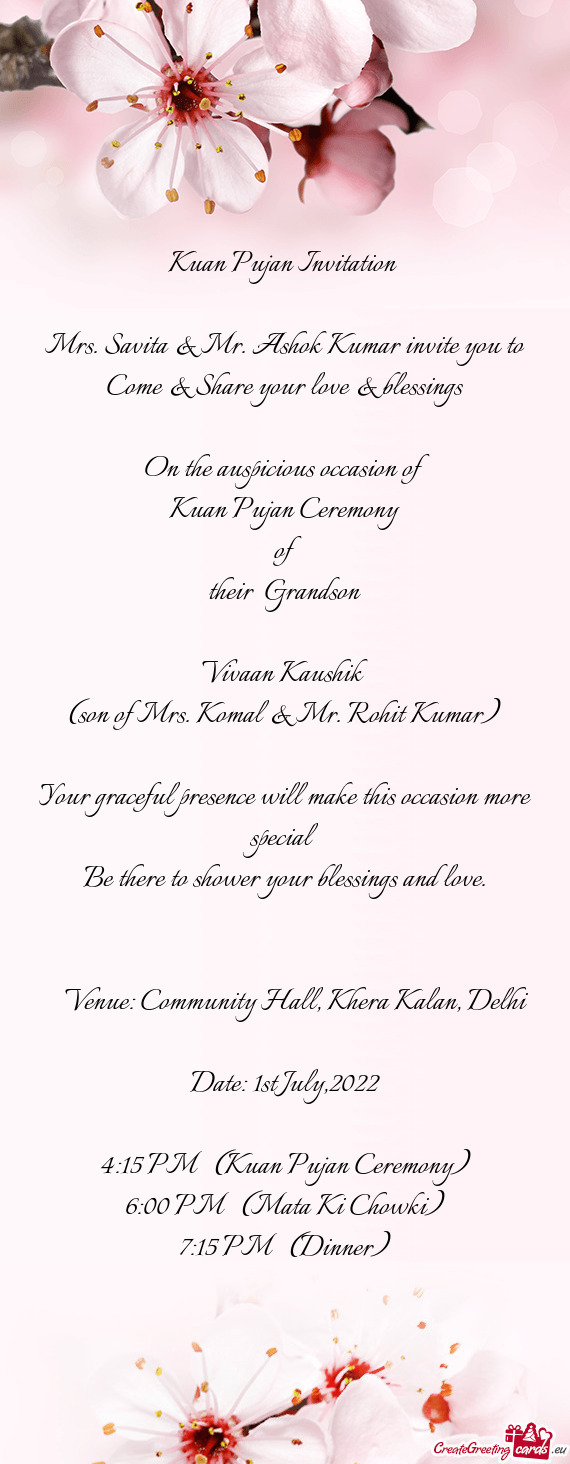 Mrs. Savita & Mr. Ashok Kumar invite you to Come & Share your love & blessings