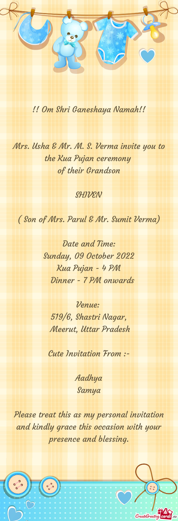 Mrs. Usha & Mr. M. S. Verma invite you to the Kua Pujan ceremony