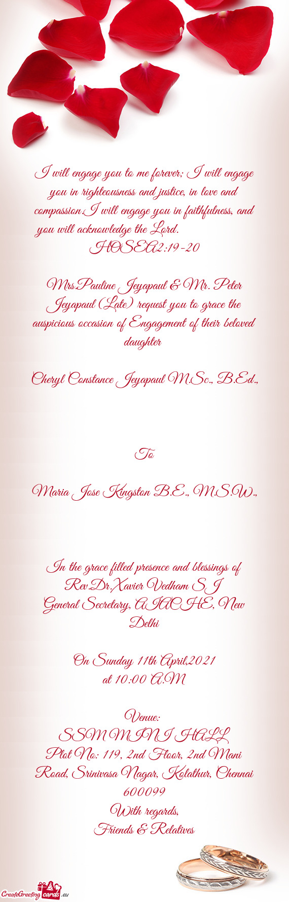 Mrs.Pauline Jeyapaul & Mr. Peter Jeyapaul (Late) request you to grace the auspicious occasion of Eng