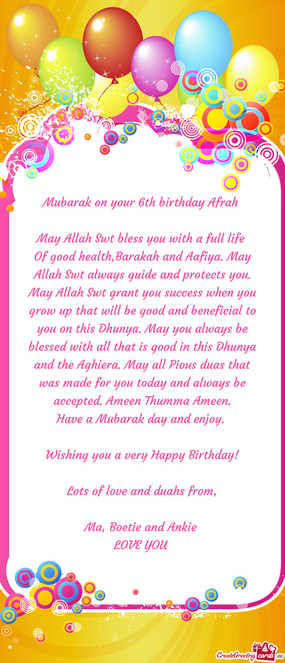 Mubarak on your 6th birthday Afrah