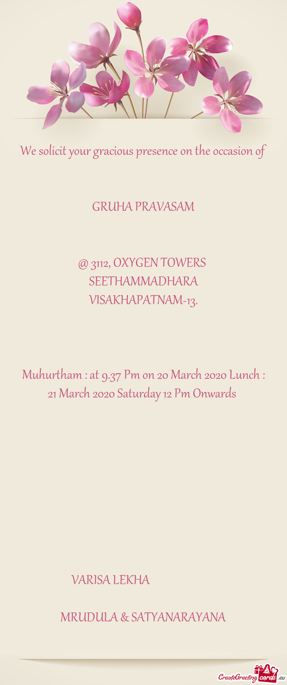 Muhurtham : at 9.37 Pm on 20 March 2020 Lunch : 21 March 2020 Saturday 12 Pm Onwards