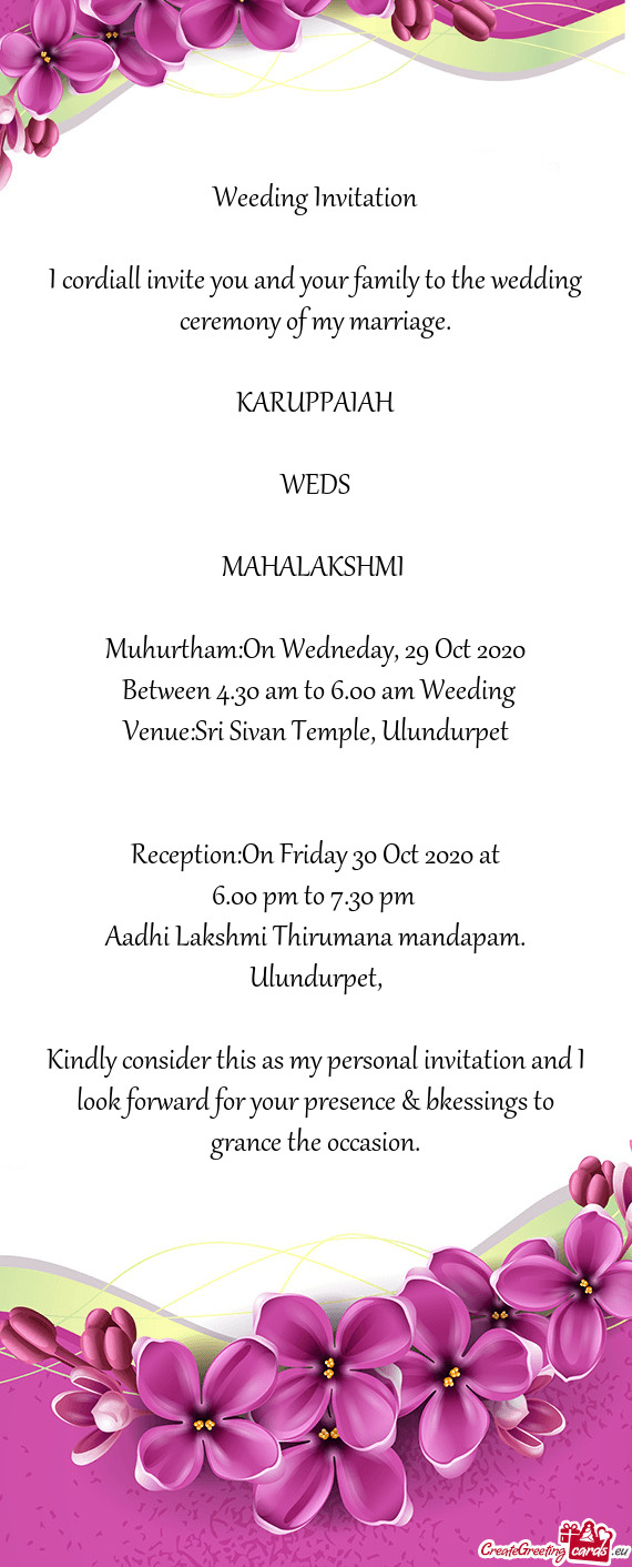 Muhurtham:On Wedneday, 29 Oct 2020