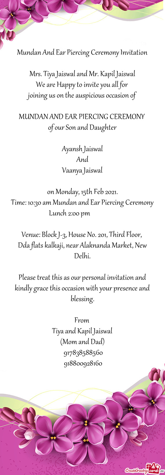 Mundan And Ear Piercing Ceremony Invitation