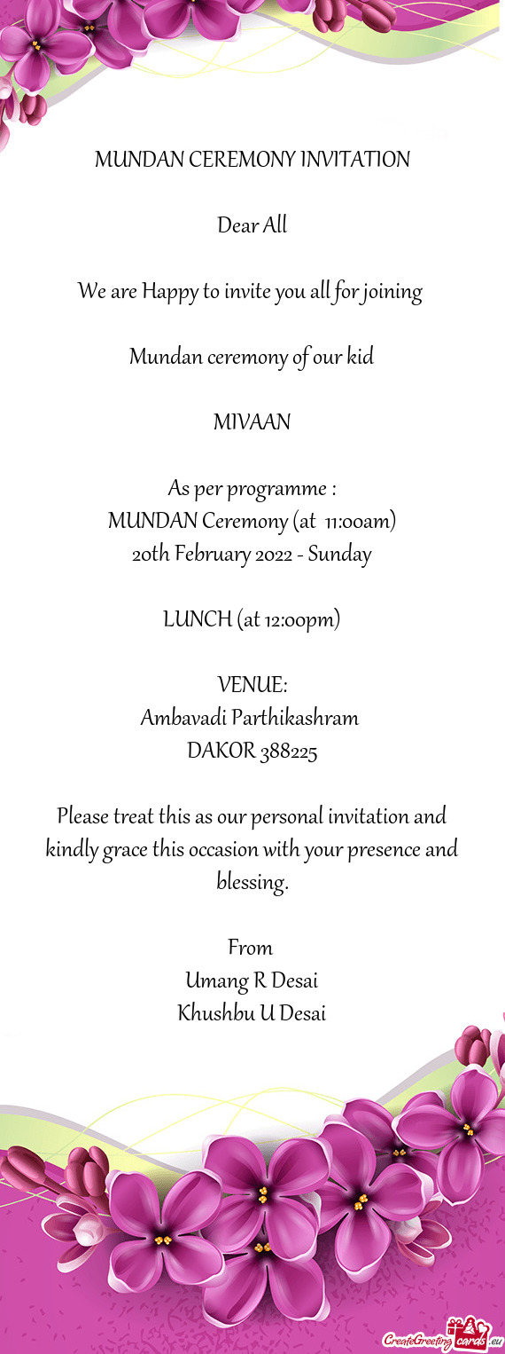 MUNDAN Ceremony (at 11:00am)