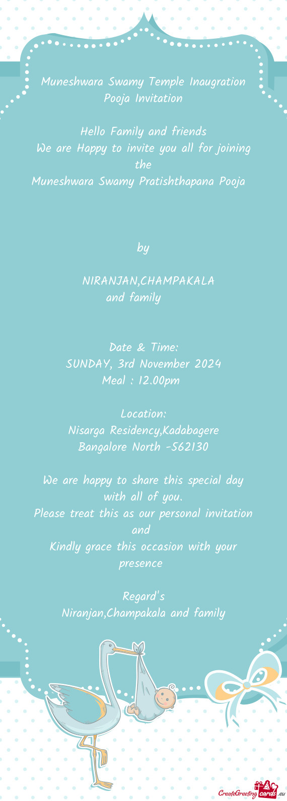 Muneshwara Swamy Temple Inaugration Pooja Invitation