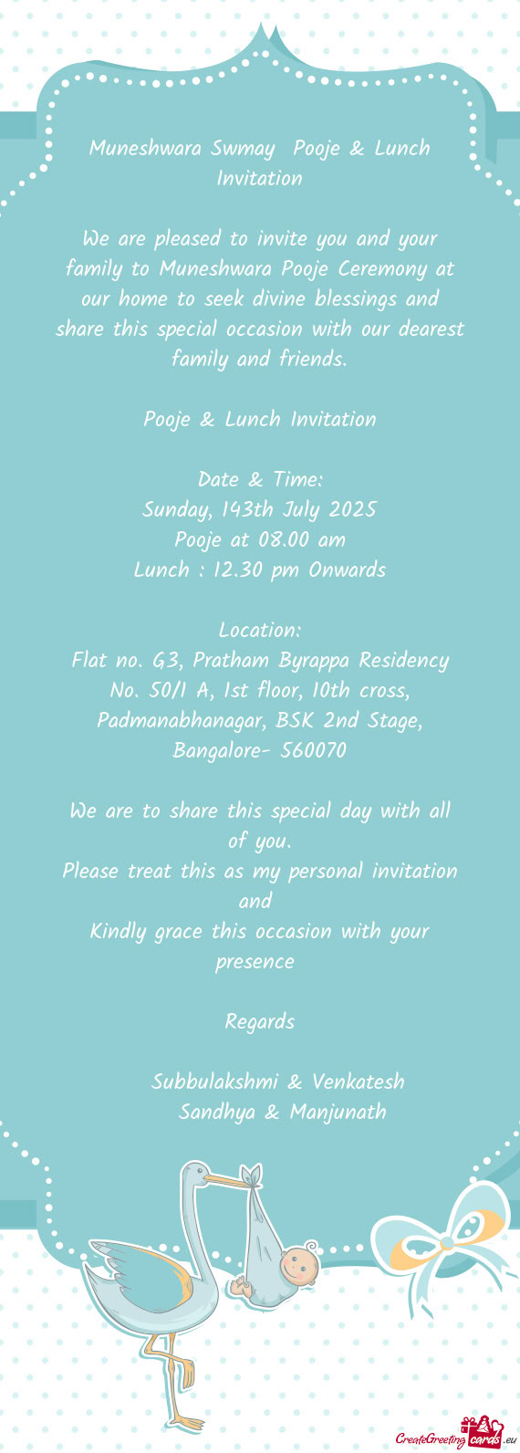 Muneshwara Swmay Pooje & Lunch Invitation