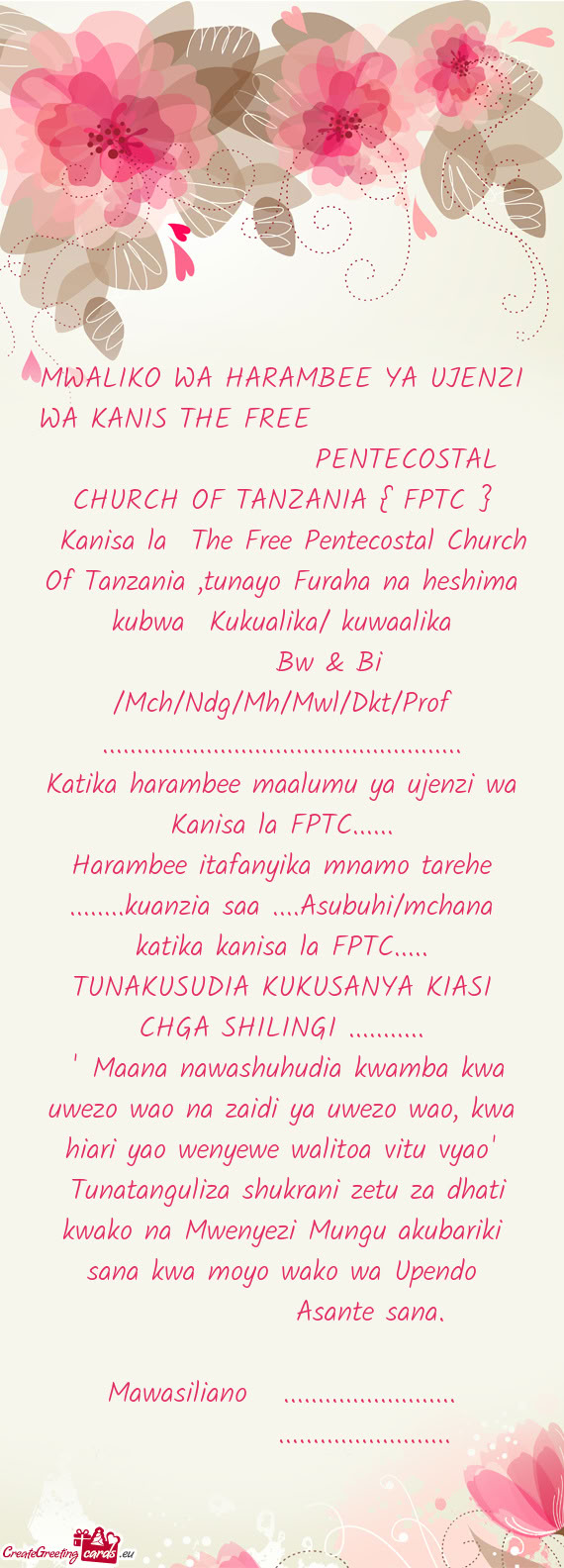 MWALIKO WA HARAMBEE YA UJENZI WA KANIS THE FREE          PENTECOSTAL C