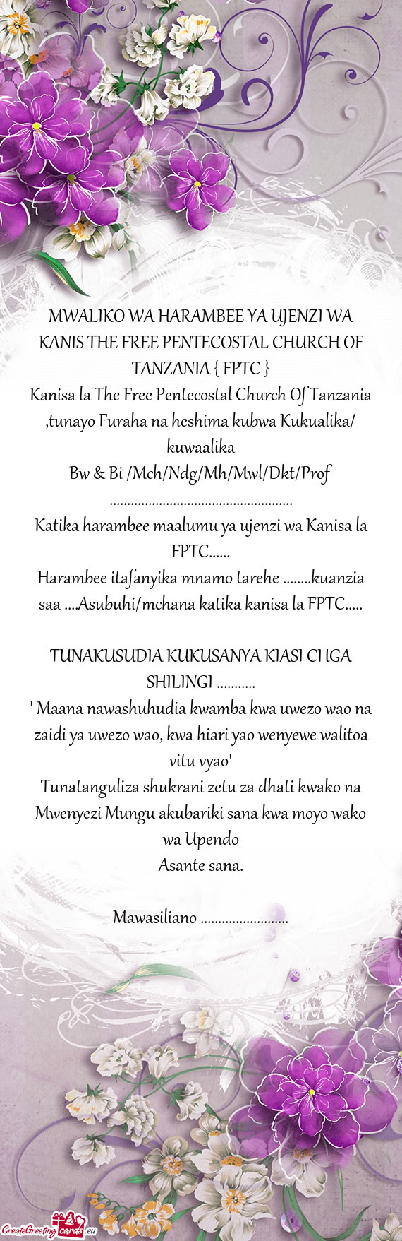 MWALIKO WA HARAMBEE YA UJENZI WA KANIS THE FREE PENTECOSTAL CHURCH OF TANZANIA { FPTC }