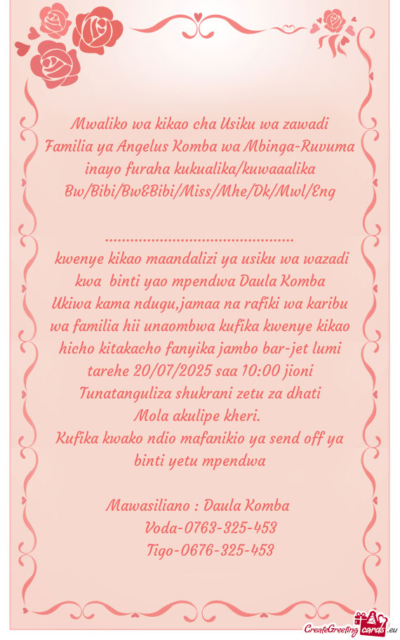 Mwaliko wa kikao cha Usiku wa zawadi