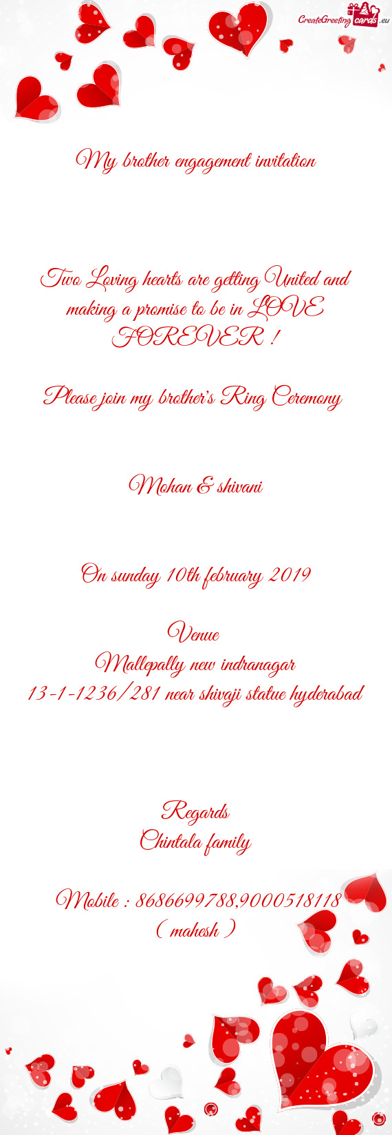 My brother engagement invitation         Two Loving hearts