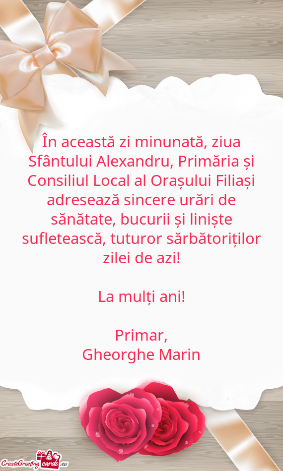 ?n această zi minunată, ziua Sfântului Alexandru, Primăria și Consiliul Local al Orașului Fil