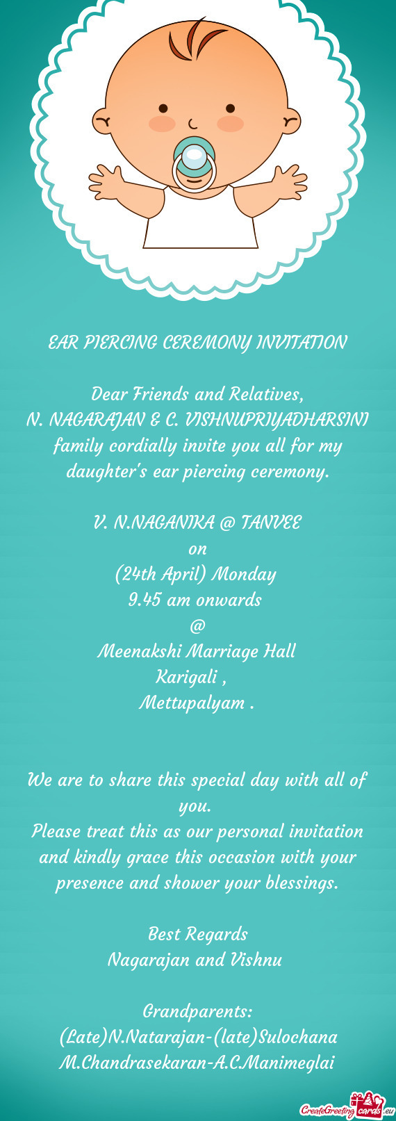 N. NAGARAJAN & C. VISHNUPRIYADHARSINI family cordially invite you all for my daughter