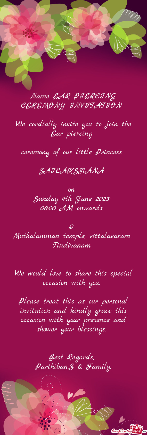 Name EAR PIERCING CEREMONY INVITATION