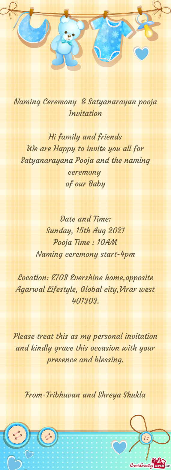 Naming Ceremony & Satyanarayan pooja Invitation