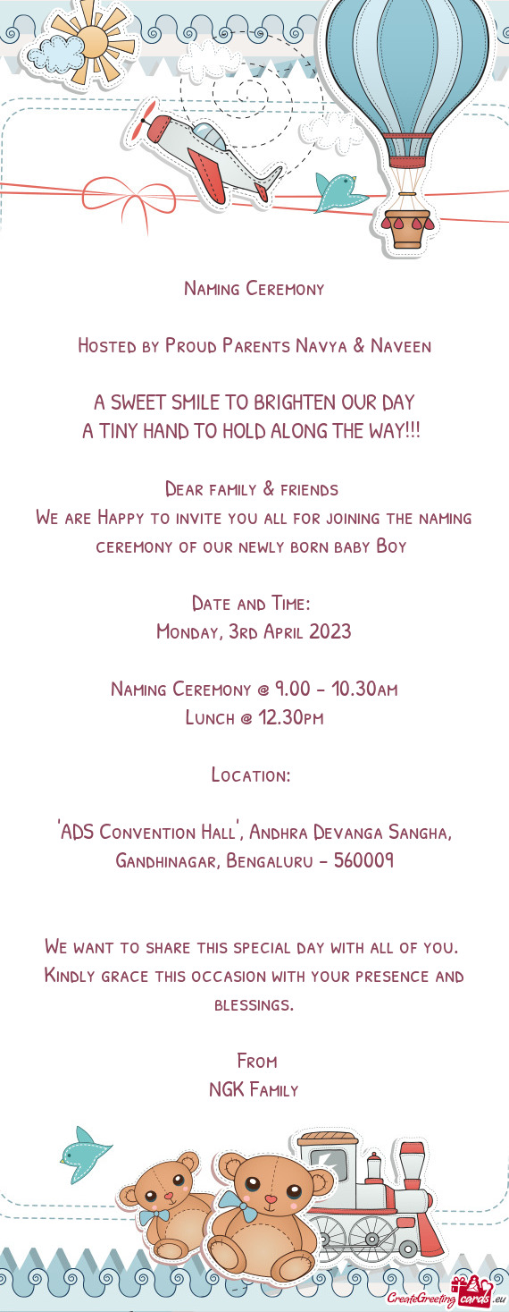 Naming Ceremony @ 9.00 - 10.30am