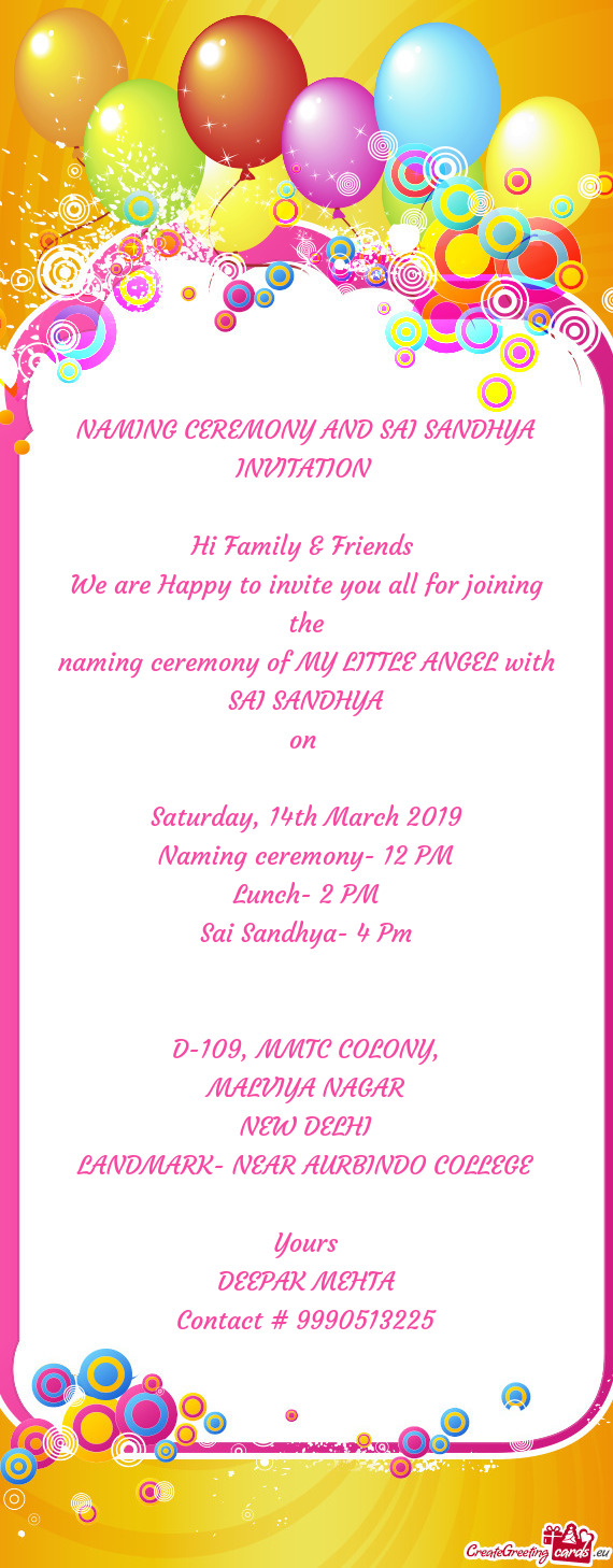 NAMING CEREMONY AND SAI SANDHYA INVITATION