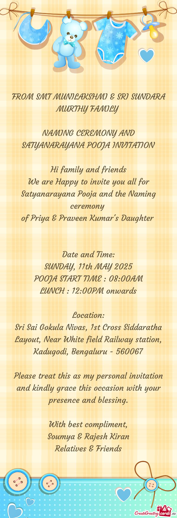 NAMING CEREMONY AND SATYANARAYANA POOJA INVITATION