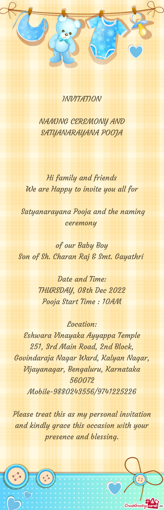 NAMING CEREMONY AND SATYANARAYANA POOJA