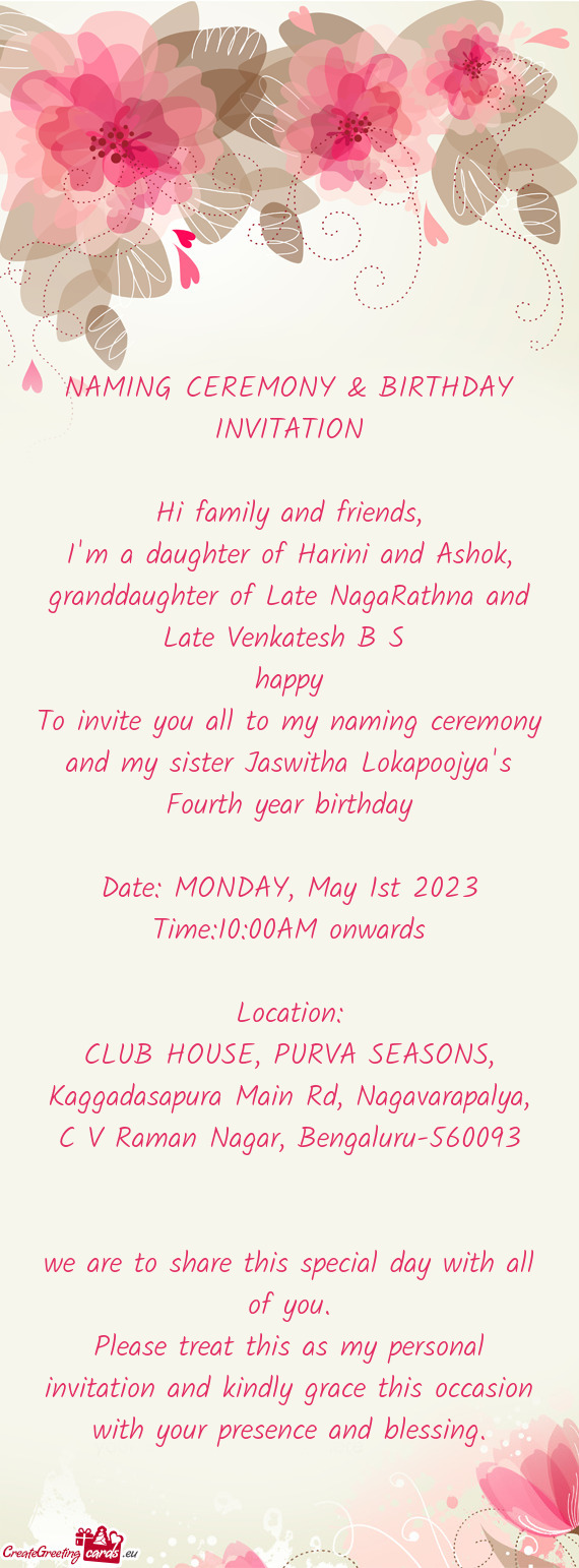 NAMING CEREMONY & BIRTHDAY INVITATION