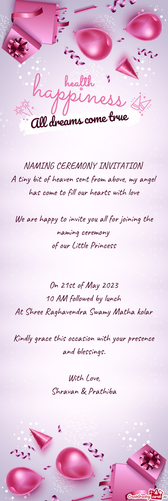 NAMING CEREMONY INVITATION A tiny bit of heaven sent from above