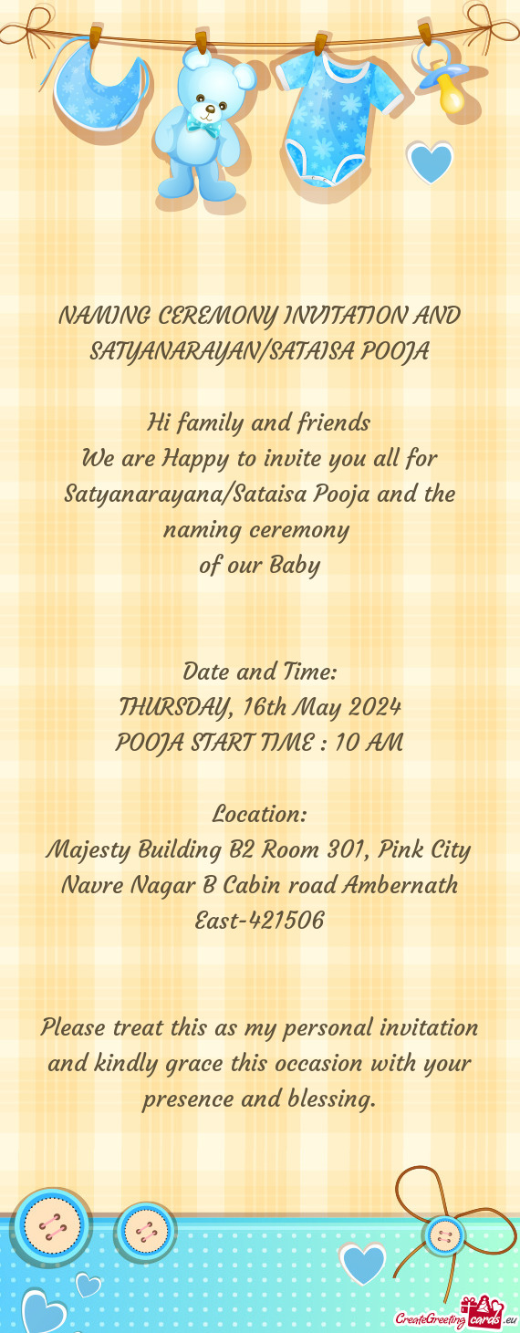 NAMING CEREMONY INVITATION AND SATYANARAYAN/SATAISA POOJA