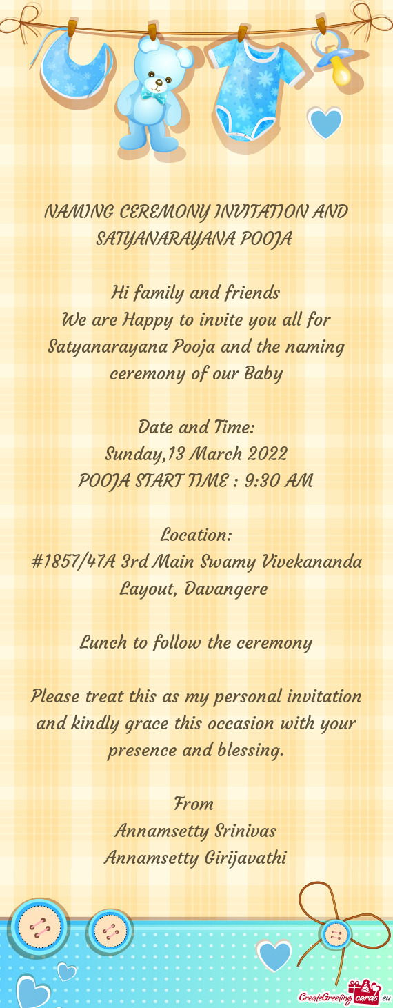 NAMING CEREMONY INVITATION AND SATYANARAYANA POOJA