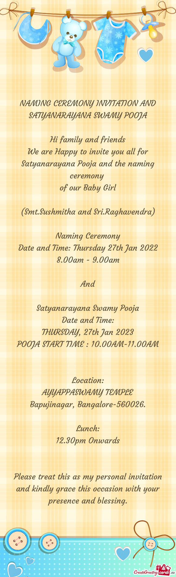 NAMING CEREMONY INVITATION AND SATYANARAYANA SWAMY POOJA