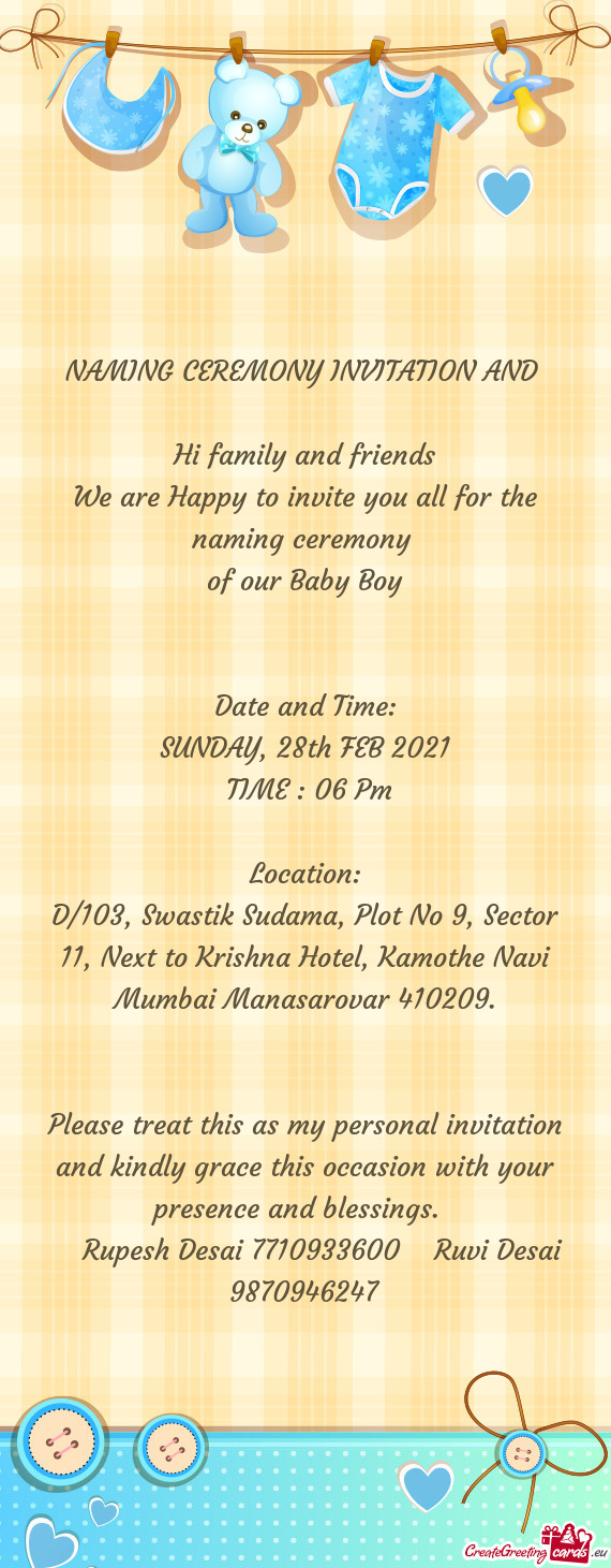 NAMING CEREMONY INVITATION AND