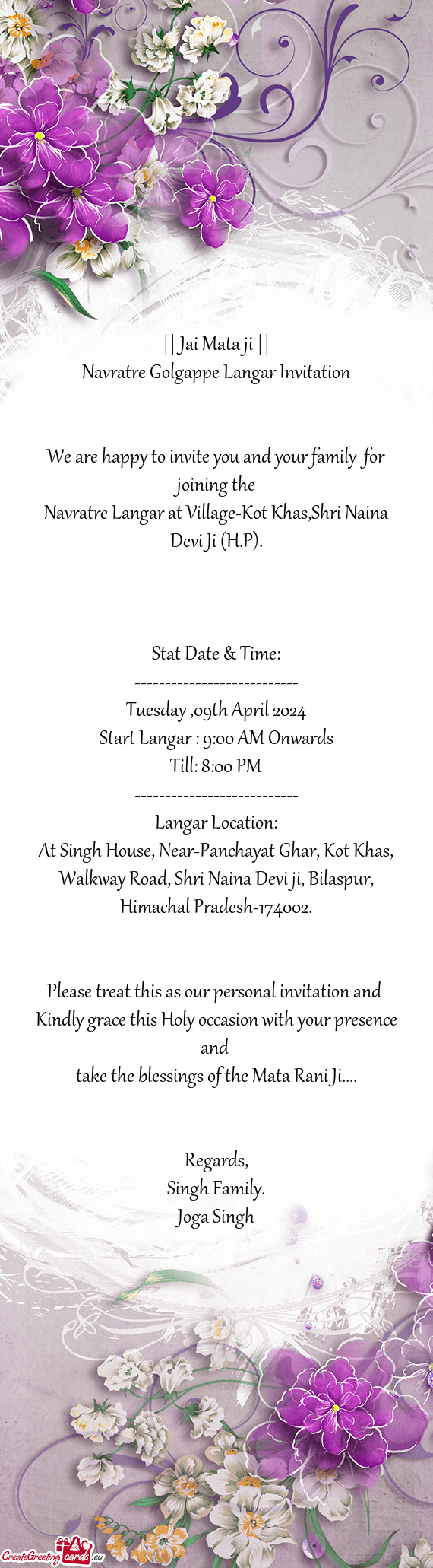 Navratre Golgappe Langar Invitation