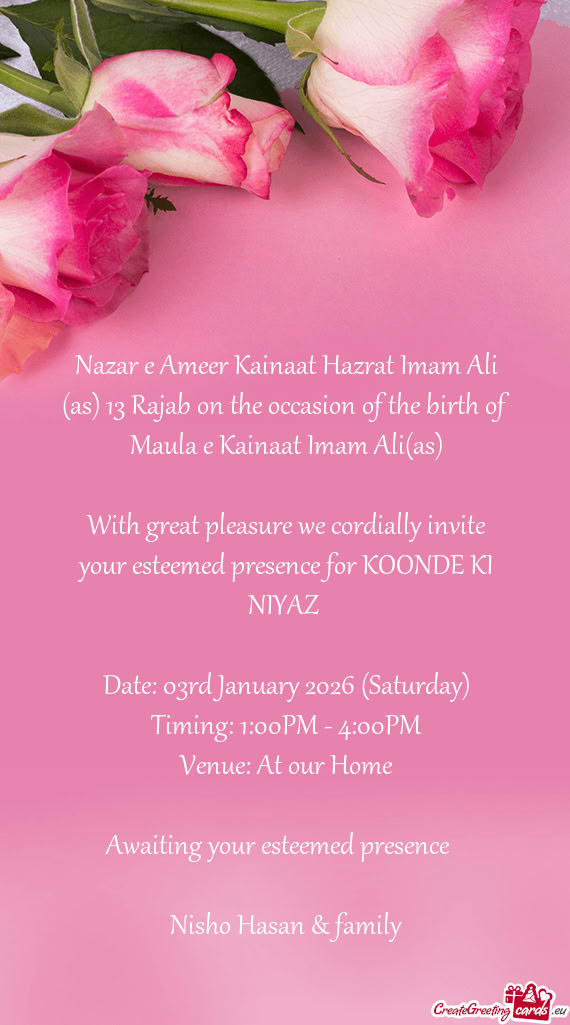 Nazar e Ameer Kainaat Hazrat Imam Ali (as) 13 Rajab on the occasion of the birth of Maula e Kainaat
