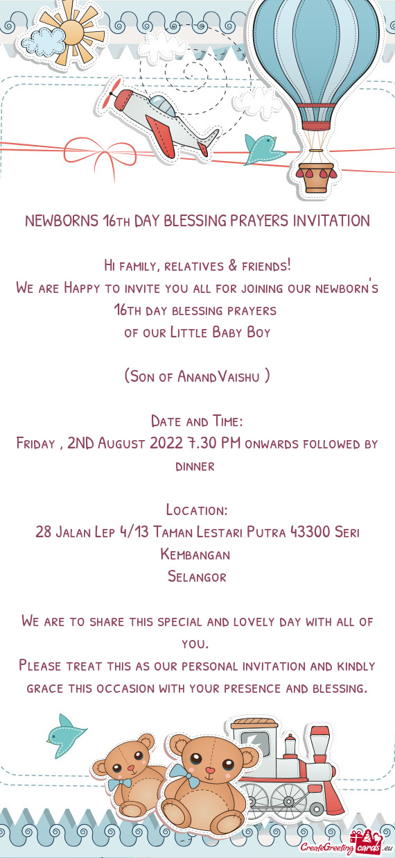 NEWBORNS 16th DAY BLESSING PRAYERS INVITATION