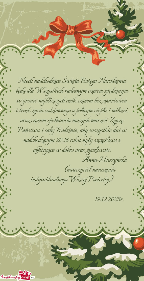 Niech nadchodzące Święta Bożego Narodzenia będą dla Wszystkich radosnym czasem spędzonym w gr