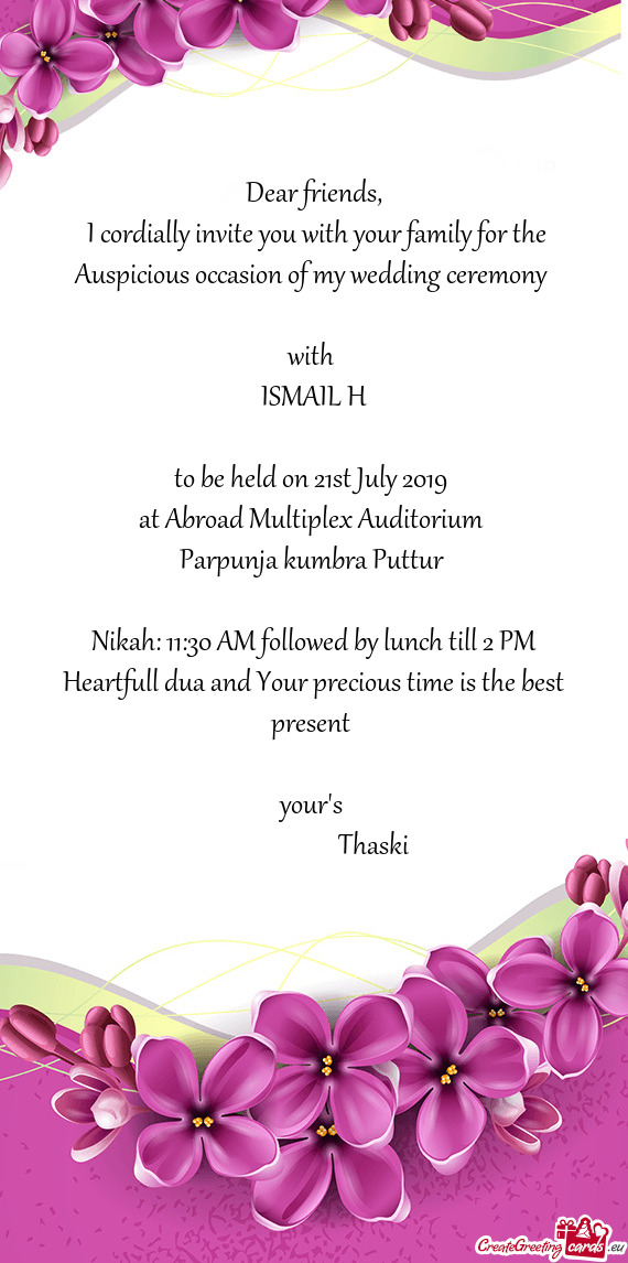 Nikah: 11:30 AM followed by lunch till 2 PM