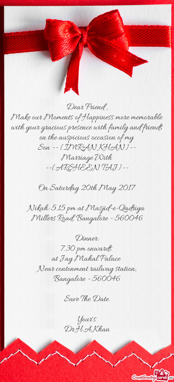 Nikah: 5.15 pm at Masjid-e-Qadriya