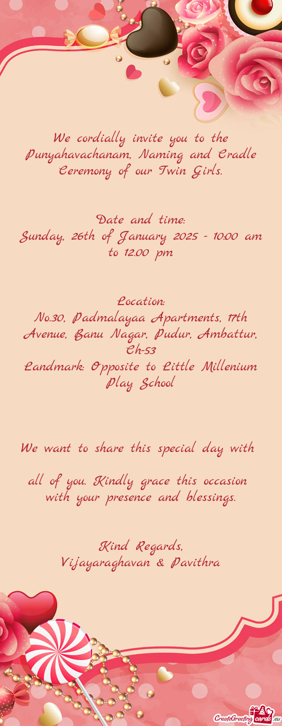 No.30, Padmalayaa Apartments, 17th Avenue, Banu Nagar, Pudur, Ambattur, Ch-53