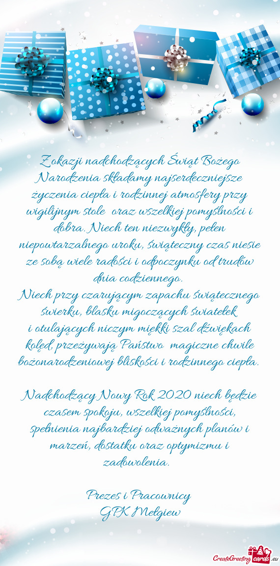 Odzinnej atmosfery przy wigilijnym stole oraz wszelkiej pomyślności i dobra. Niech ten niezwykły