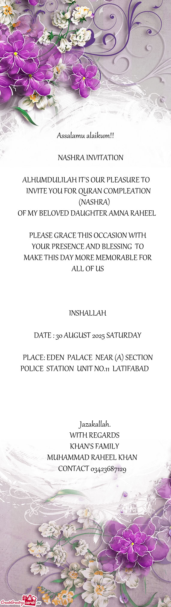 OF MY BELOVED DAUGHTER AMNA RAHEEL