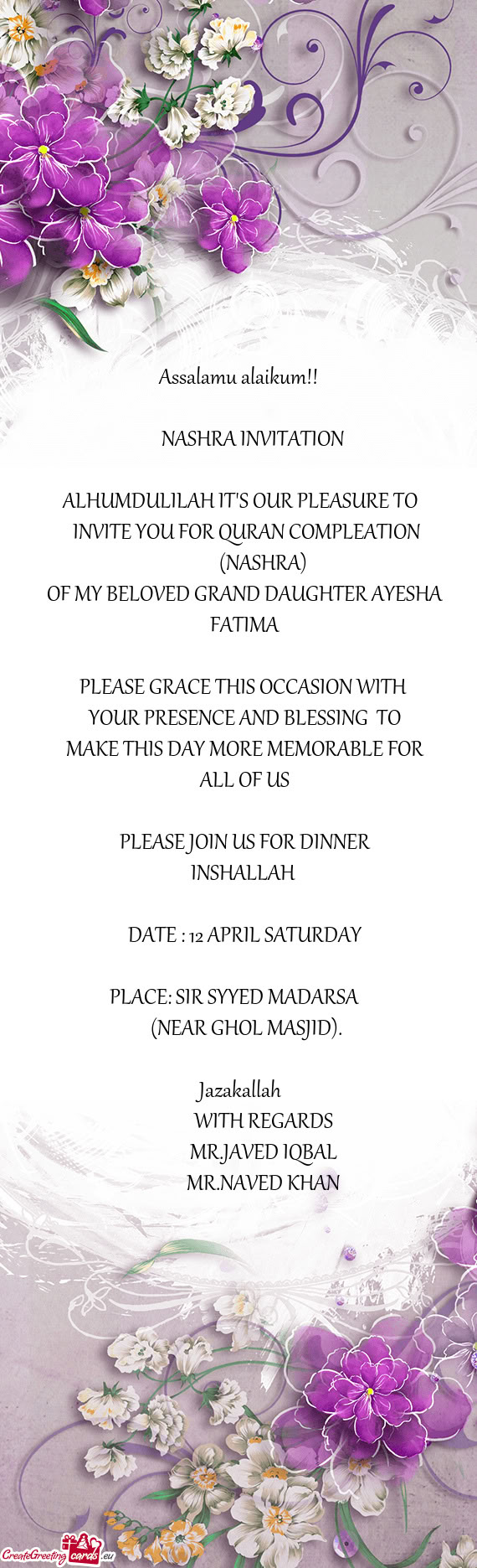 OF MY BELOVED GRAND DAUGHTER AYESHA