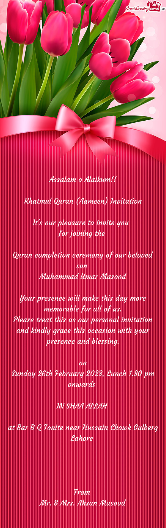 Oining the  Quran completion ceremony of our beloved son Muhammad Umar Masood Your presence