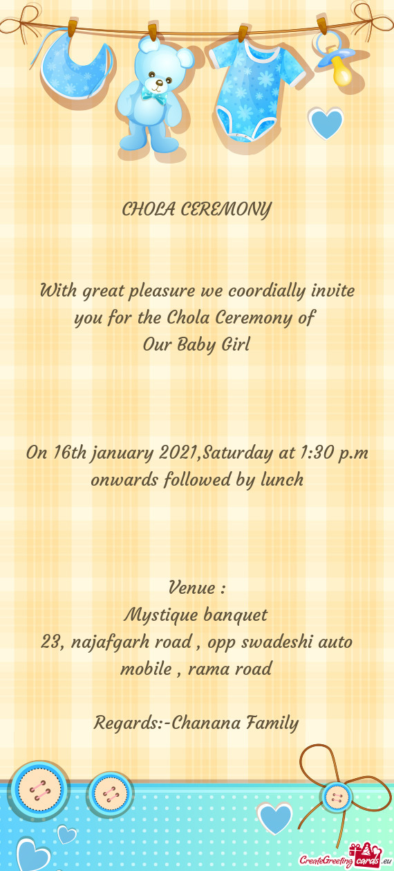 On 16th january 2021,Saturday at 1:30 p.m onwards followed by lunch