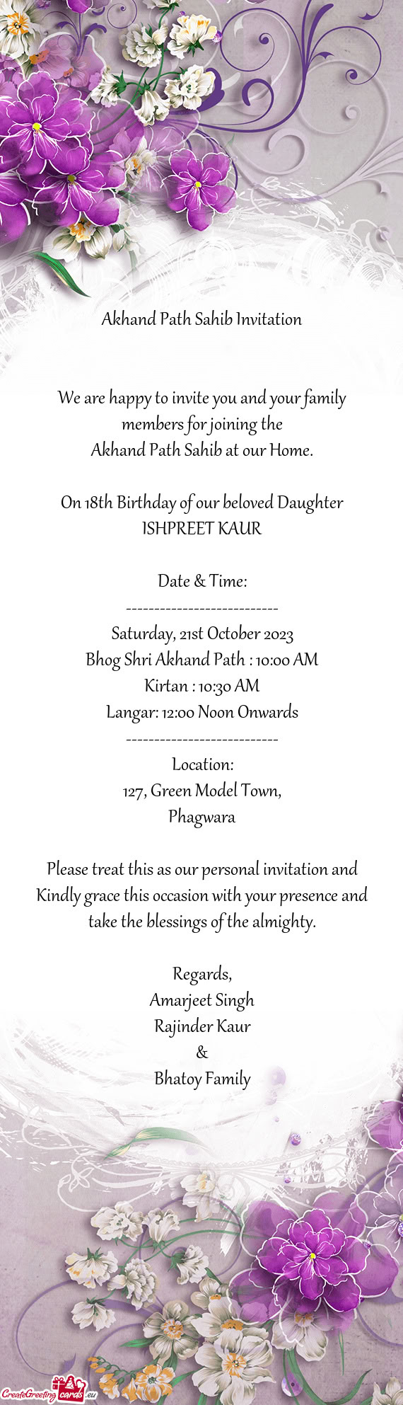 On 18th Birthday of our beloved Daughter ISHPREET KAUR