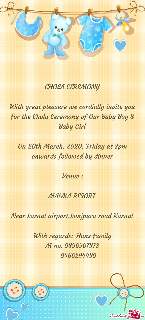 On 20th March, 2020, Friday at 8pm onwards followed by dinner