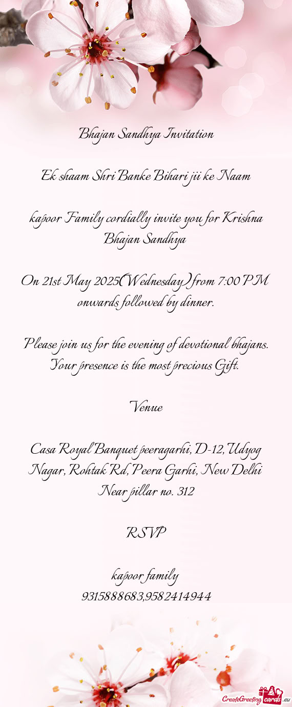 On 21st May 2025(Wednesday)from 7:00 PM onwards followed by dinner