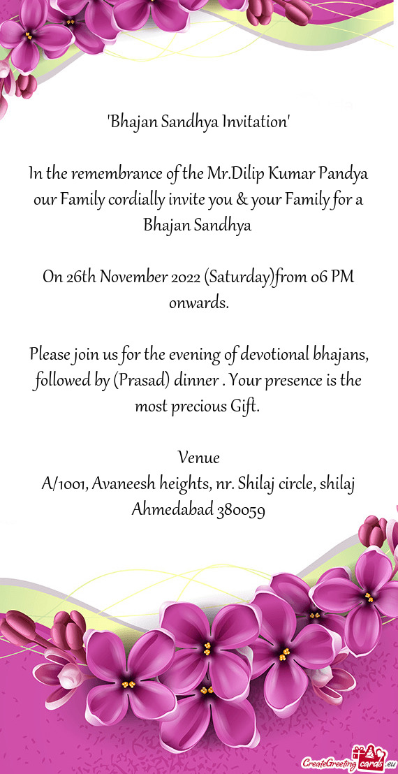 On 26th November 2022 (Saturday)from 06 PM onwards