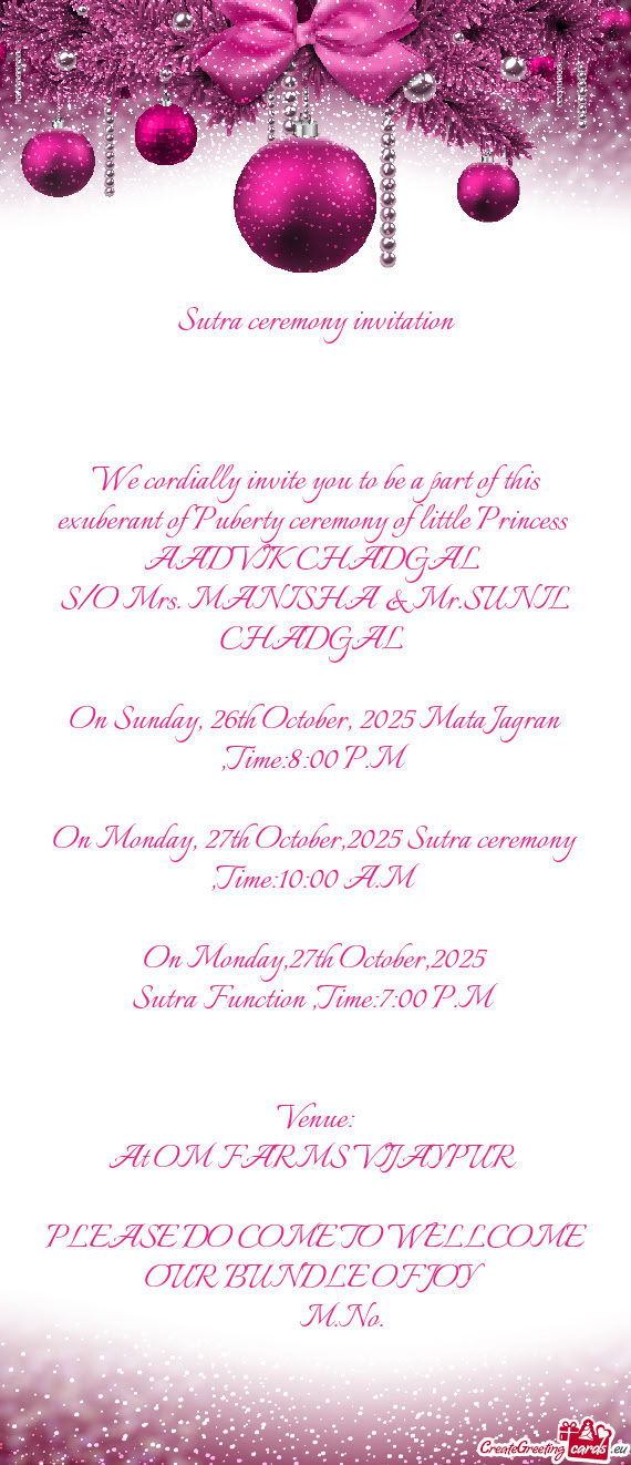 On Monday, 27th October,2025 Sutra ceremony ,Time:10:00 A.M