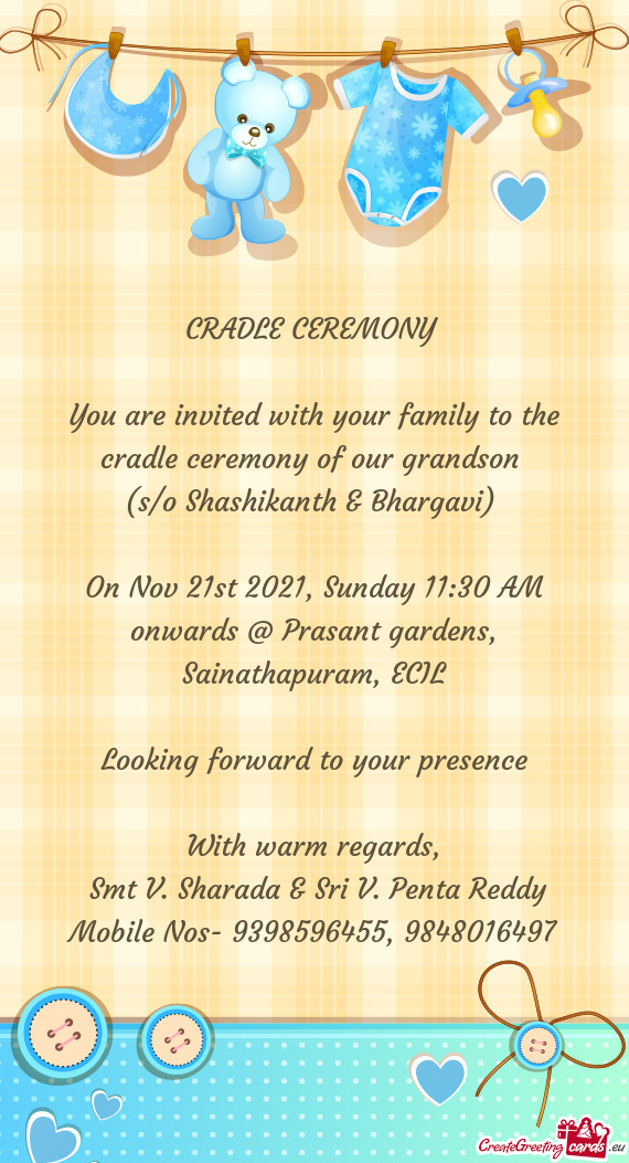 On Nov 21st 2021, Sunday 11:30 AM onwards @ Prasant gardens, Sainathapuram, ECIL